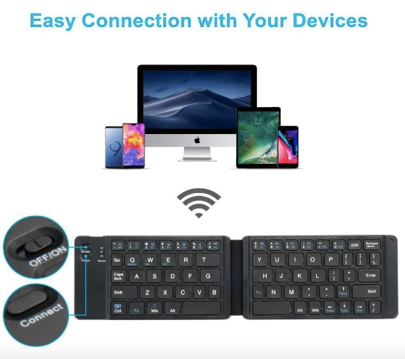 two fold rechargeable portable & folding wireless keyboard for iphone12 pro max/tablet/smartphone/smart tv/pc (android/ios/windows), Black