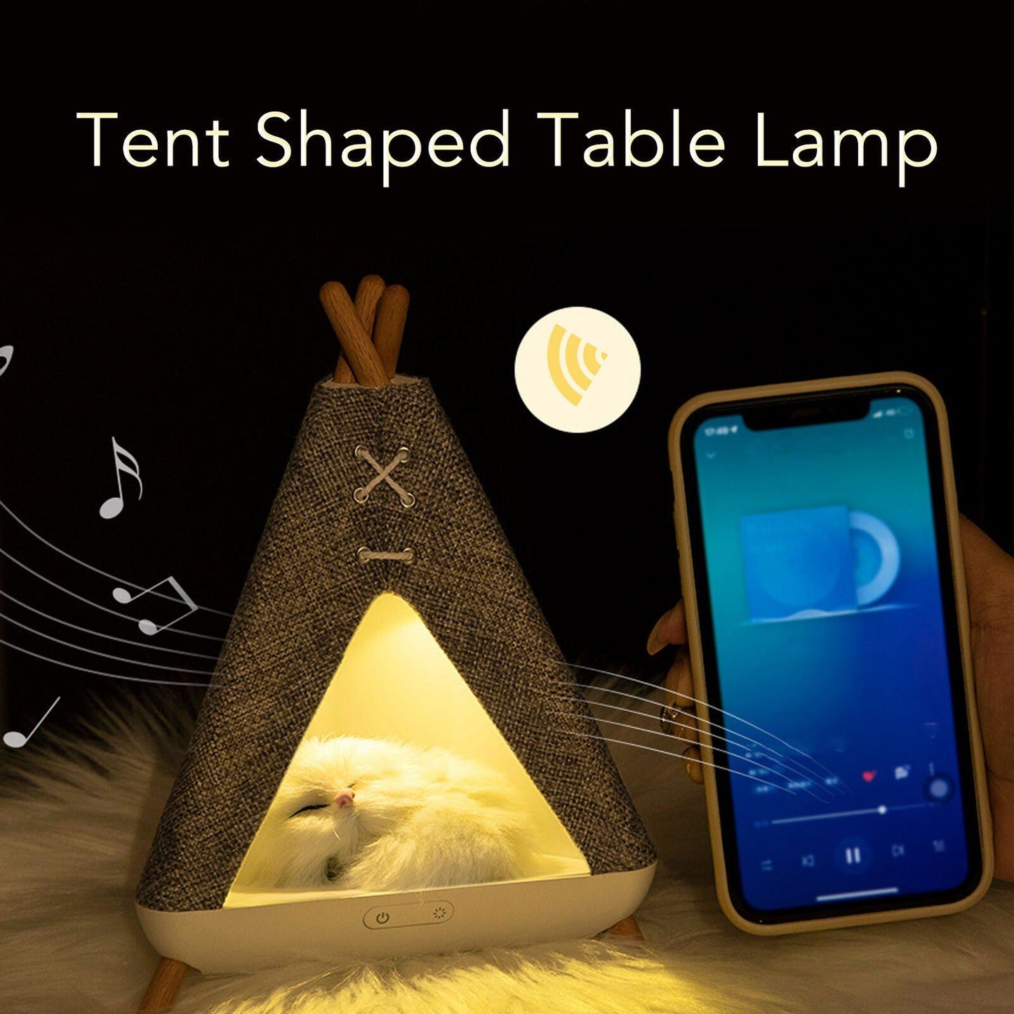 Cute Cat House In Tent Shape Lamp Night Light With Wireless Bluetooth Speaker