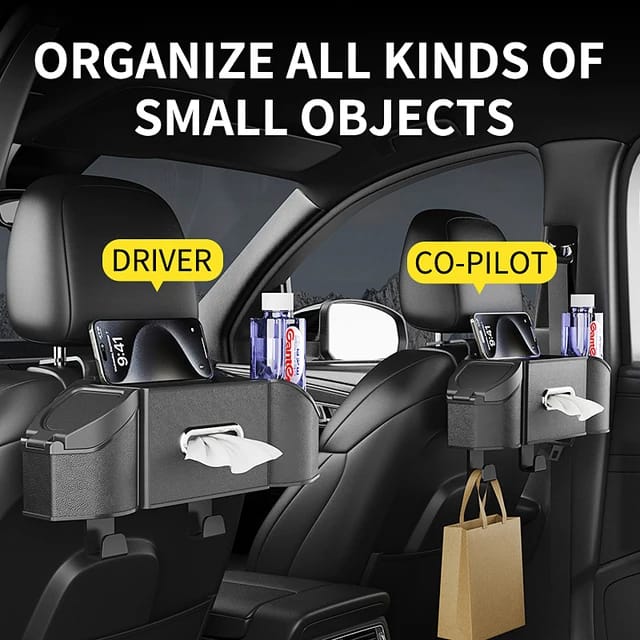 PEETTA Car Seat Back Organizer - Stylish & Functional Storage for Family Adventures - Cup Holders, Tissue Box & Hooks - Perfect for Kids, Road Trips & Travel (Black)