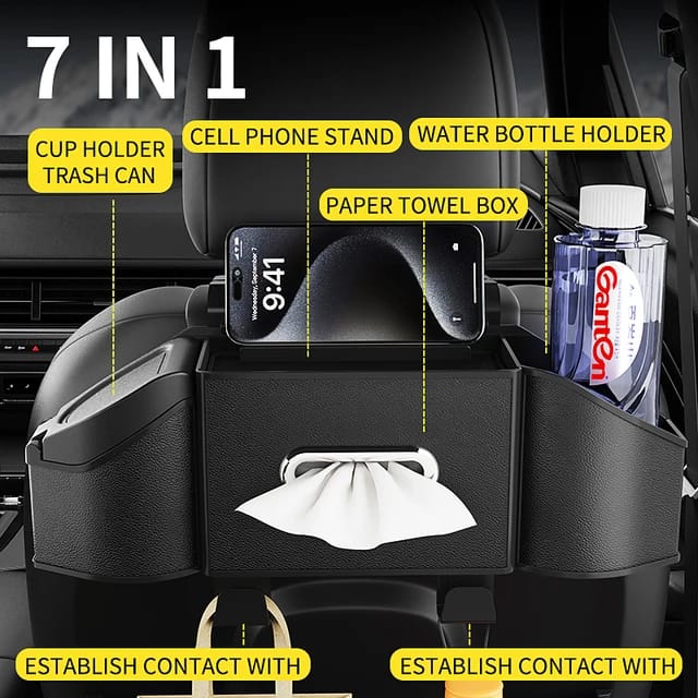 PEETTA Car Seat Back Organizer - Stylish & Functional Storage for Family Adventures - Cup Holders, Tissue Box & Hooks - Perfect for Kids, Road Trips & Travel (Black)
