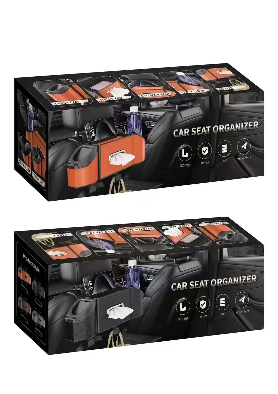 PEETTA Car Seat Back Organizer - Stylish & Functional Storage for Family Adventures - Cup Holders, Tissue Box & Hooks - Perfect for Kids, Road Trips & Travel (Black)
