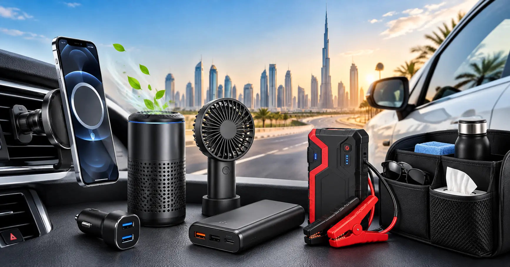 Discover essential car accessories for UAE drivers, from phone mounts and air purifiers to portable fans, power banks, and emergency gadgets.