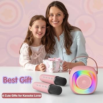 PEETTA Kids Karaoke Machine with Microphones, Portable Speaker with Rainbow Lights, Pink
