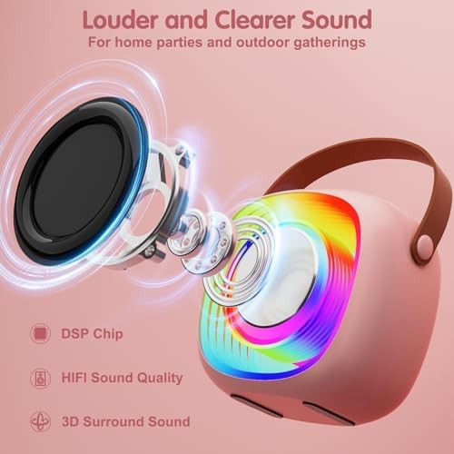PEETTA Kids Karaoke Machine with Microphones, Portable Speaker with Rainbow Lights, Pink