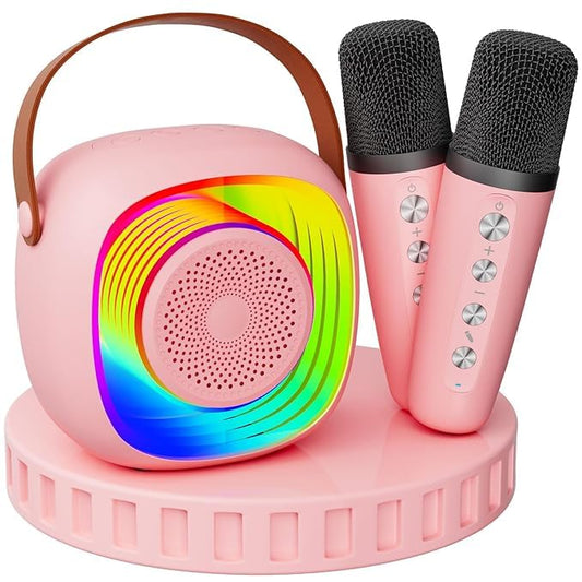 PEETTA Kids Karaoke Machine with Microphones, Portable Speaker with Rainbow Lights, Pink