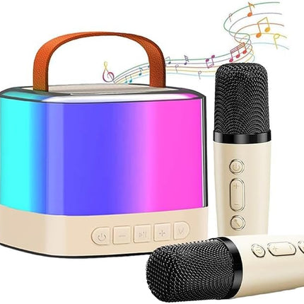 PEETTA Mini Karaoke Machine for Kids and Adults, Portable Bluetooth Karaoke Speaker, Mini Karaoke Machine with 2 Wireless Microphones and Led Lights, Birthday Gifts Toys for Girls Boys Family (Beige)