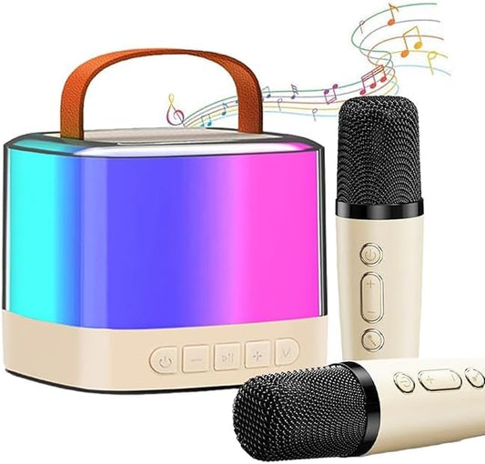 PEETTA Mini Karaoke Machine for Kids and Adults, Portable Bluetooth Karaoke Speaker, Mini Karaoke Machine with 2 Wireless Microphones and Led Lights, Birthday Gifts Toys for Girls Boys Family (Beige)