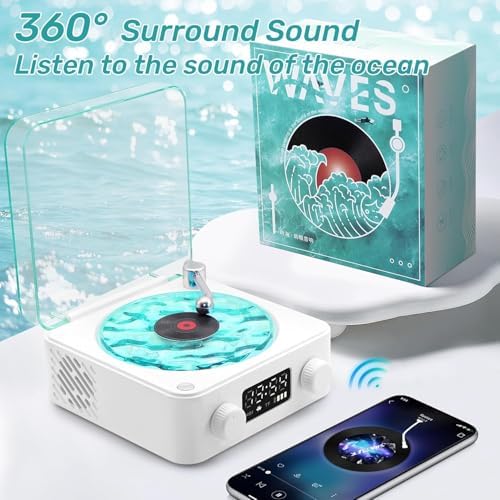 PEETTA The Waves Vinyl Record Player with RGB Light, 2024 New Home Audio Record Players, 3 Mode Stereo Sound Sleep Aid with 4 Sounds of Nature, Portable Waves Vinyl Speaker with BT, TF, AUX (White)