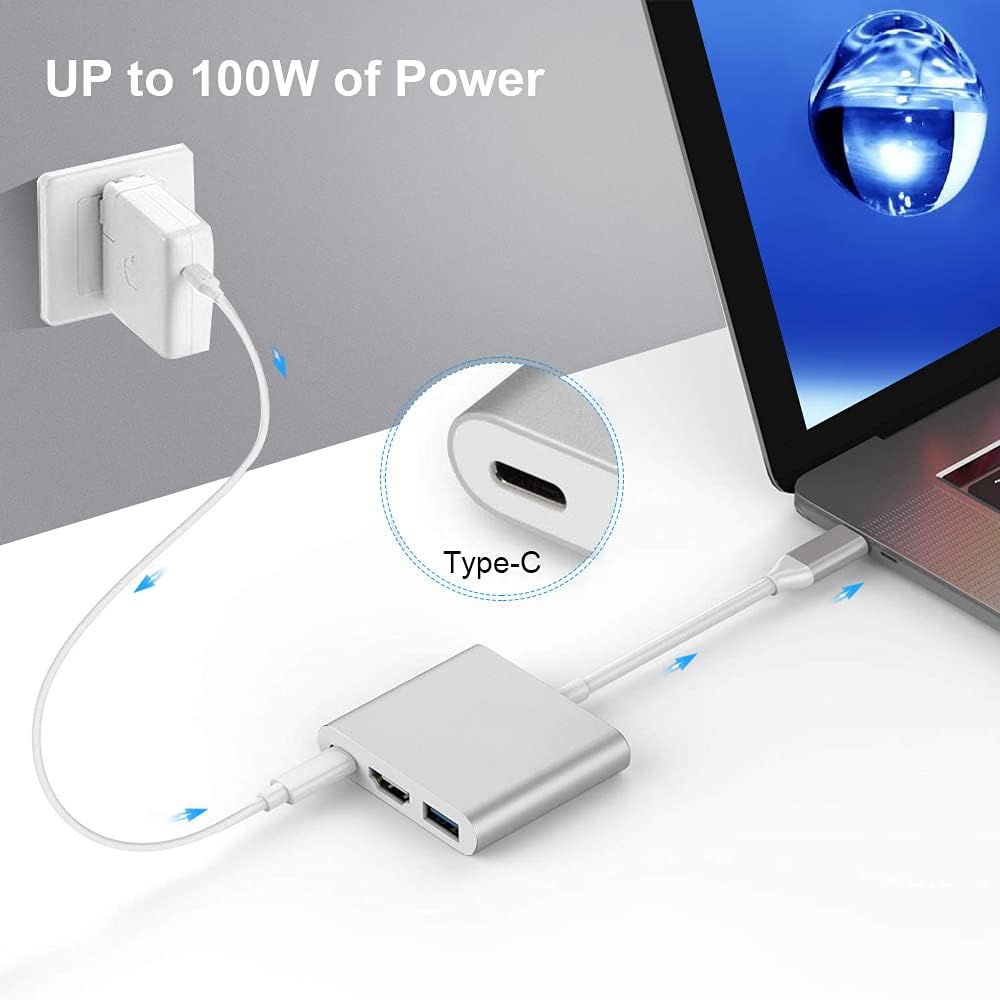 USB Type C to HDMI 4K Adapter, USB C Type-C to HDMI Multiport AV Converter 3-in-1 with USB 3.0 Port & USB C Recharging Port 4K