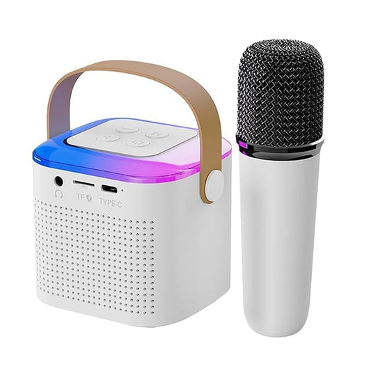 PEETTA Voice Changing 5 in 1 Wireless Bluetooth Microphone with LED Lights Karaoke Mic Portable Mic Speaker Player Recorder for Home Party Birthday with Multicolor (Silver)