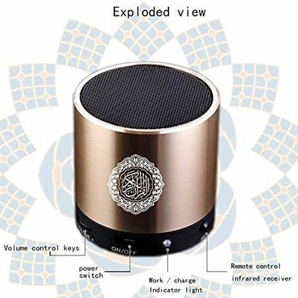 Digital Quran Player,Quran Speaker with Remote Control,USB Rechargeable Speaker,Remote Control Speaker Portable,8GB TF FM Quran Translator, Over 18 Reciters,15 Translations Available(Gold)