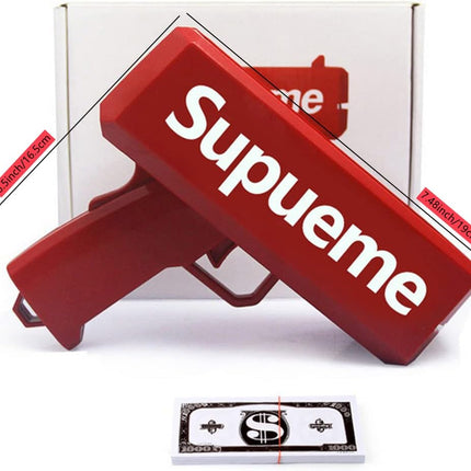 Supueme Money Gun — Battery-Powered Cash Cannon with 100 Prop Bills | Party, Wedding & Club Toy