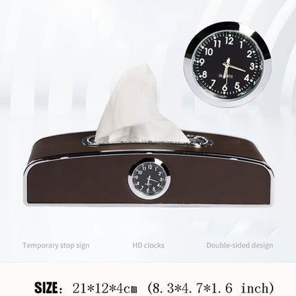 PEETTA Car Tissue Holder, Premium PU Leather Tissue Box with Clock and Parking Number Plate, Rectangular Pumping Paper Dispenser, Car Tissue Holder