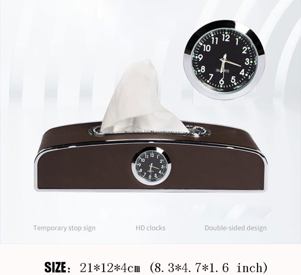 PEETTA Car Tissue Holder, Premium PU Leather Tissue Box with Clock and Parking Number Plate, Rectangular Pumping Paper Dispenser, Car Tissue Holder