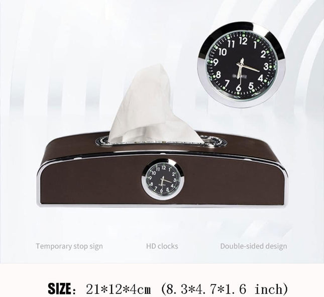 PEETTA Car Tissue Holder, Premium PU Leather Tissue Box with Clock and Parking Number Plate, Rectangular Pumping Paper Dispenser, Car Tissue Holder