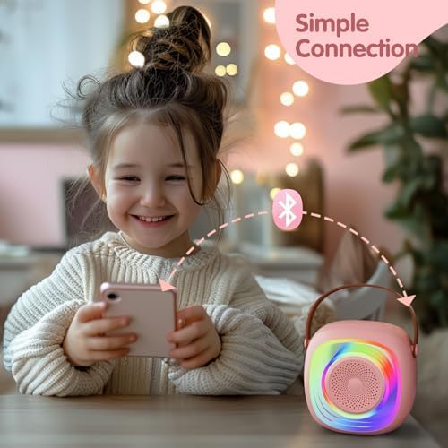 PEETTA Kids Karaoke Machine with Microphones, Portable Speaker with Rainbow Lights, Pink