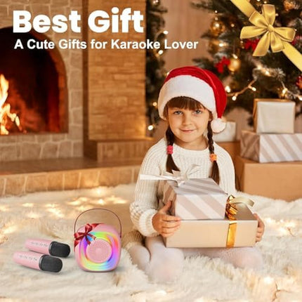 PEETTA Kids Karaoke Machine with Microphones, Portable Speaker with Rainbow Lights, Pink