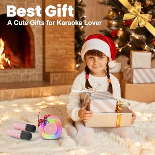 PEETTA Kids Karaoke Machine with Microphones, Portable Speaker with Rainbow Lights, Pink