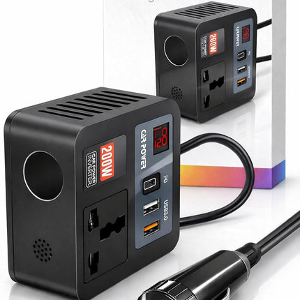 200W 5-in-1 Car Power Inverter & Laptop Charger | 12V/24V DC to 220V AC Converter with USB-C PD 30W, QC3.0, LED Display