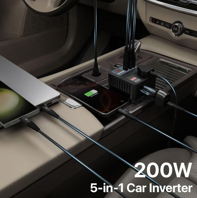 200W 5-in-1 Car Power Inverter & Laptop Charger | 12V/24V DC to 220V AC Converter with USB-C PD 30W, QC3.0, LED Display