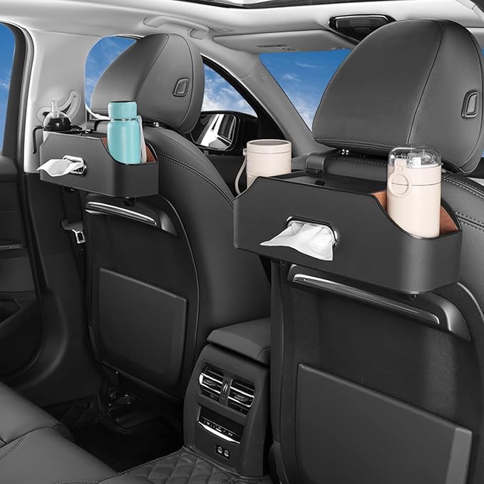 PEETTA Car Seat Back Organizer - Stylish & Functional Storage for Family Adventures - Cup Holders, Tissue Box & Hooks - Perfect for Kids, Road Trips & Travel (Black)