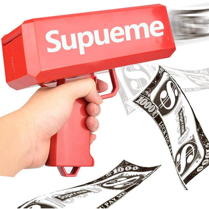 Supueme Money Gun — Battery-Powered Cash Cannon with 100 Prop Bills | Party, Wedding & Club Toy