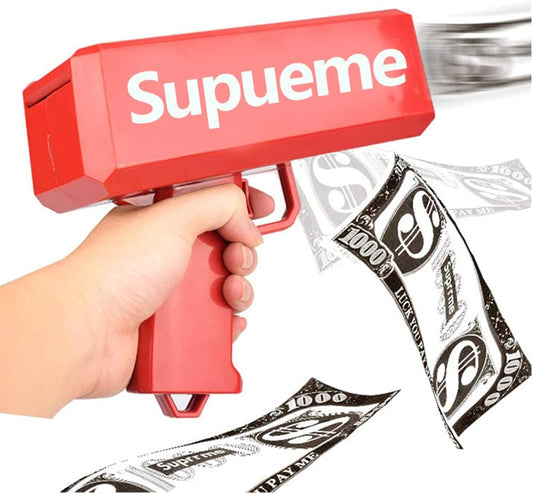 Supueme Money Gun — Battery-Powered Cash Cannon with 100 Prop Bills | Party, Wedding & Club Toy