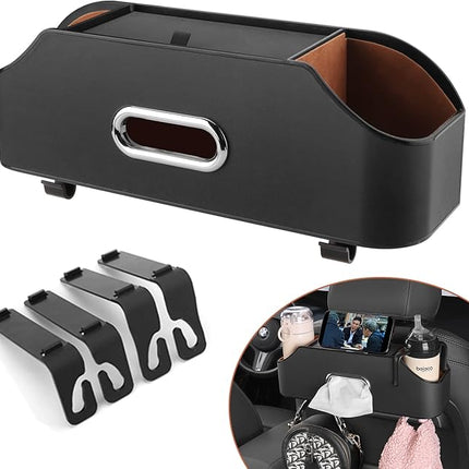 PEETTA Car Seat Back Organizer - Stylish & Functional Storage for Family Adventures - Cup Holders, Tissue Box & Hooks - Perfect for Kids, Road Trips & Travel (Black)
