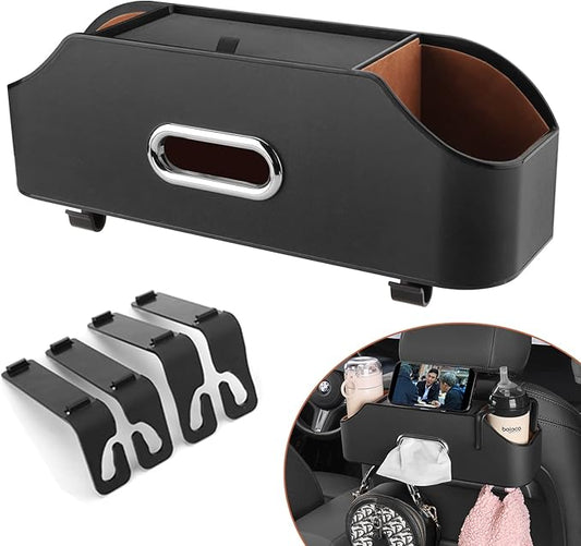 PEETTA Car Seat Back Organizer - Stylish & Functional Storage for Family Adventures - Cup Holders, Tissue Box & Hooks - Perfect for Kids, Road Trips & Travel (Black)