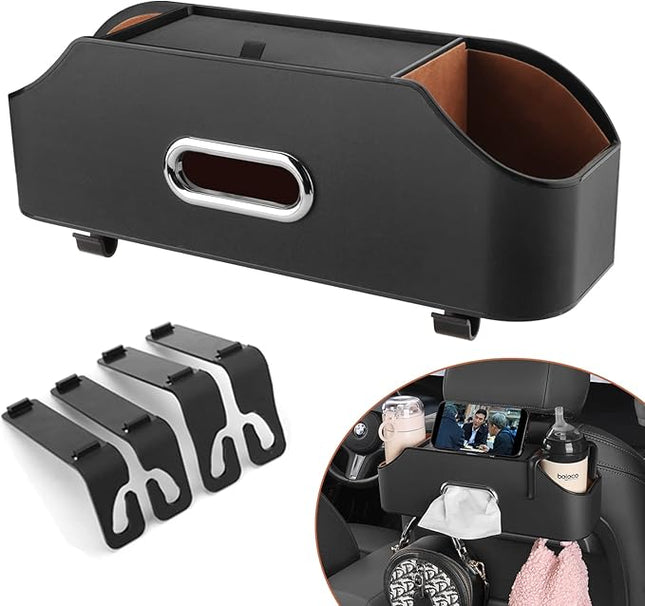 PEETTA Car Seat Back Organizer - Stylish & Functional Storage for Family Adventures - Cup Holders, Tissue Box & Hooks - Perfect for Kids, Road Trips & Travel (Black)
