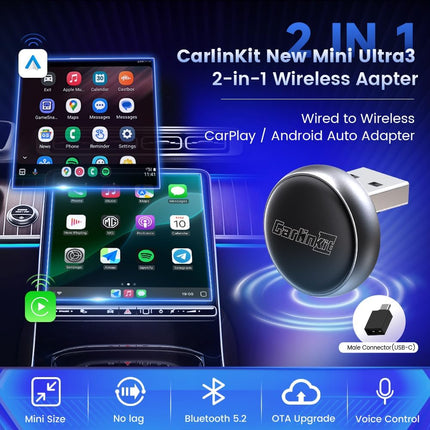 Carlinkit Mini Ultra3 Wireless CarPlay & Android Auto Adapter | Plug & Play 2.4G/5G WiFi for OEM Wired Cars