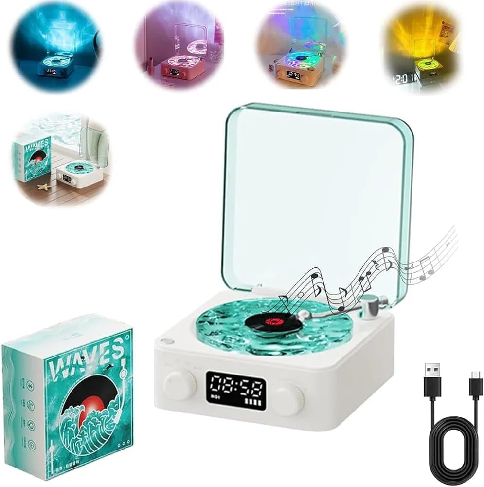 PEETTA The Waves Vinyl Record Player with RGB Light, 2024 New Home Audio Record Players, 3 Mode Stereo Sound Sleep Aid with 4 Sounds of Nature, Portable Waves Vinyl Speaker with BT, TF, AUX (White)