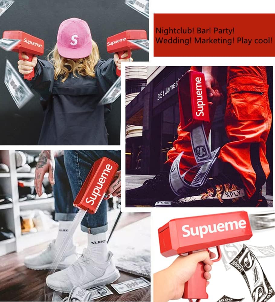 Supueme Money Gun — Battery-Powered Cash Cannon with 100 Prop Bills | Party, Wedding & Club Toy