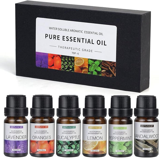 6pcs x 10 mL Essential Oils Suit Water Soluble Aromatherapy Essential Oil (Sandalwood& Sweet Orange& Lavender& Eucalyptus& Lemon& Mint) Oil for Humidifier Aroma Diffuser