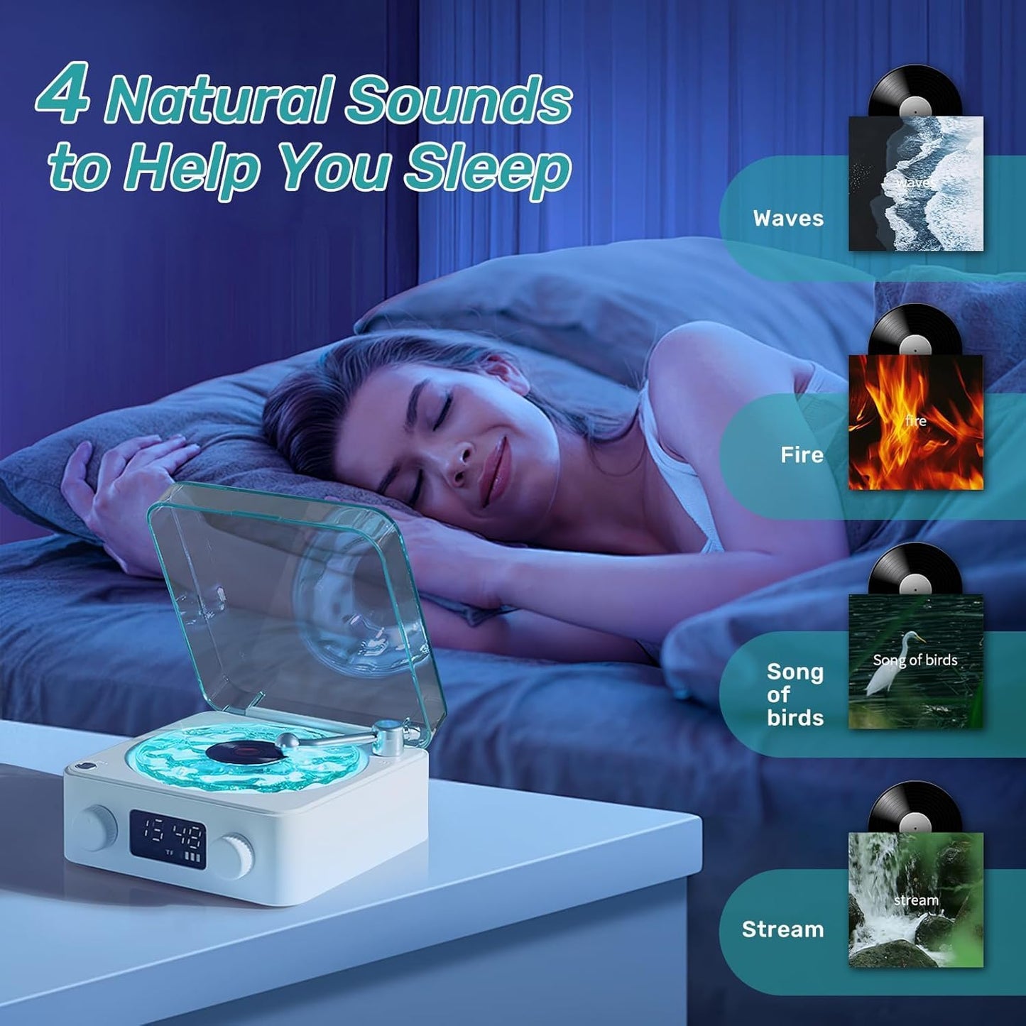 PEETTA The Waves Vinyl Record Player with RGB Light, 2024 New Home Audio Record Players, 3 Mode Stereo Sound Sleep Aid with 4 Sounds of Nature, Portable Waves Vinyl Speaker with BT, TF, AUX (White)