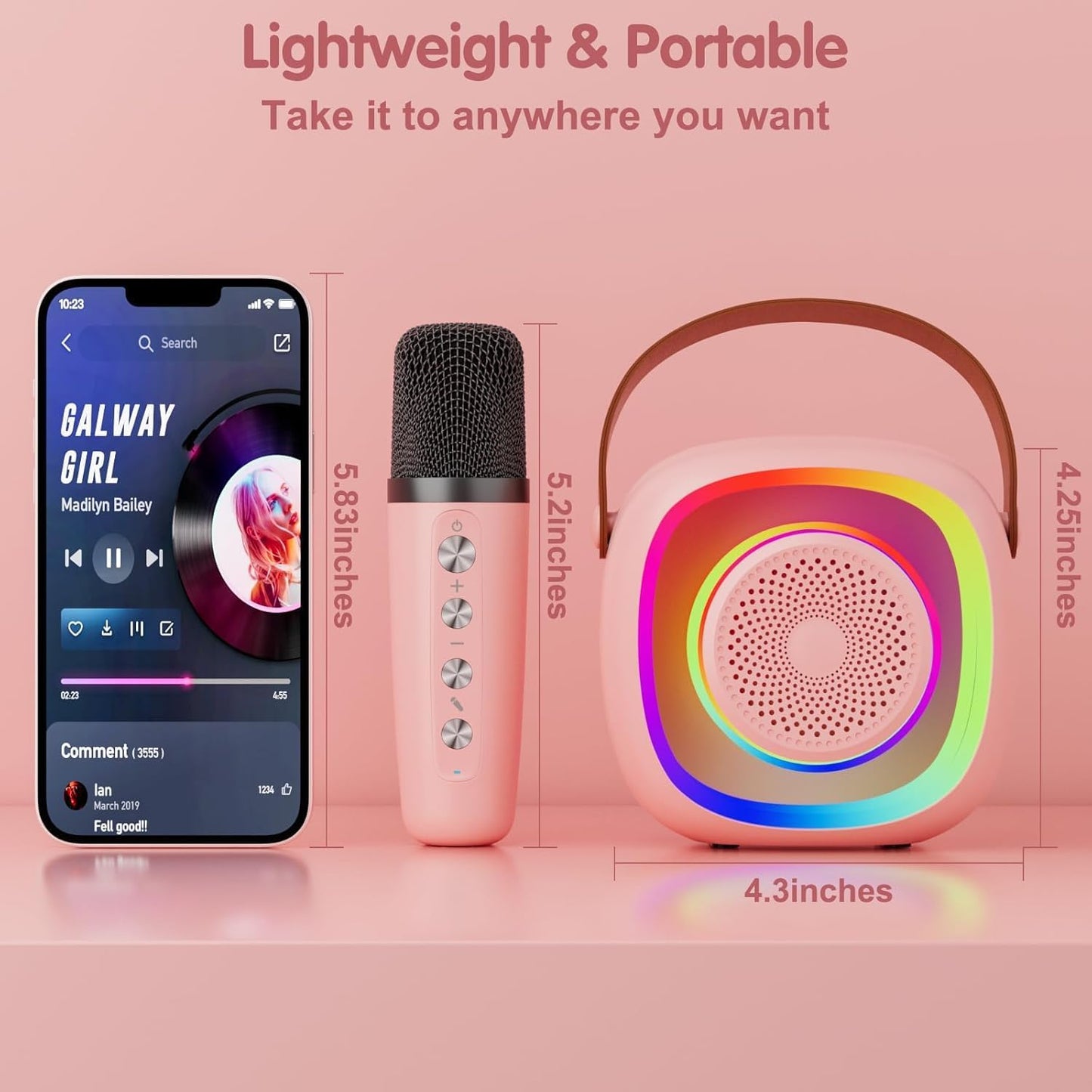 PEETTA Kids Karaoke Machine with Microphones, Portable Speaker with Rainbow Lights, Pink
