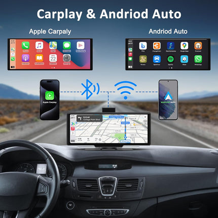 10.26” Smart Car Driving Recorder | Wireless CarPlay & Android Auto Screen with 4K Dash Cam, 1080P Backup Camera, GPS Navigation, Bluetooth & FM