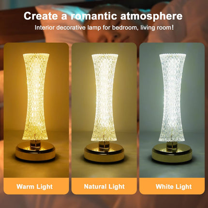 Creative Crystal LED Table Lamp – Touch Dimmable 3 Color Modes USB Rechargeable Bedside Night Light
