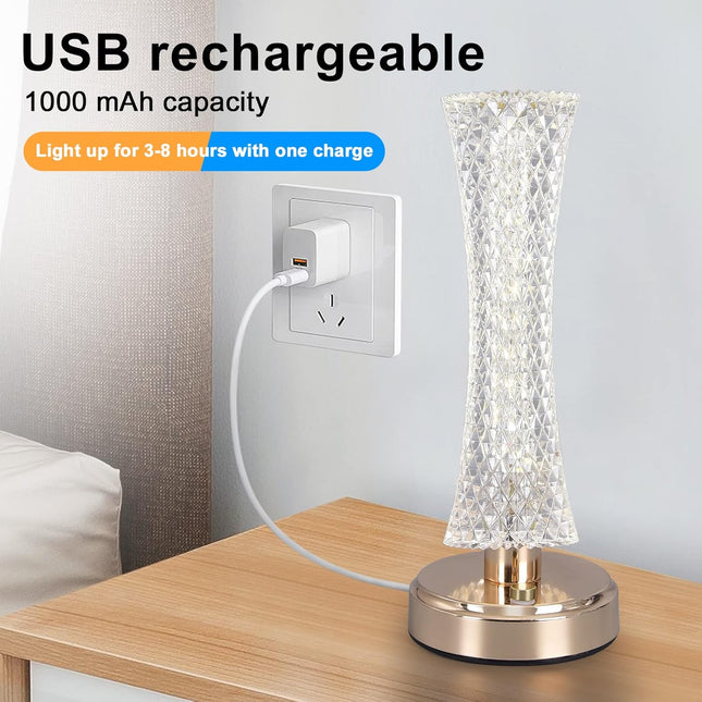 Creative Crystal LED Table Lamp – Touch Dimmable 3 Color Modes USB Rechargeable Bedside Night Light