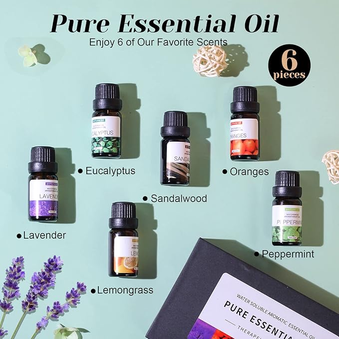 6pcs x 10 mL Essential Oils Suit Water Soluble Aromatherapy Essential Oil (Sandalwood& Sweet Orange& Lavender& Eucalyptus& Lemon& Mint) Oil for Humidifier Aroma Diffuser