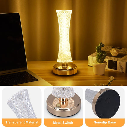 Creative Crystal LED Table Lamp – Touch Dimmable 3 Color Modes USB Rechargeable Bedside Night Light