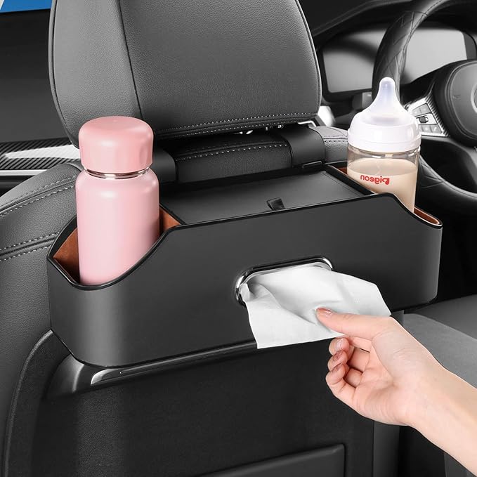 PEETTA Car Seat Back Organizer - Stylish & Functional Storage for Family Adventures - Cup Holders, Tissue Box & Hooks - Perfect for Kids, Road Trips & Travel (Black)