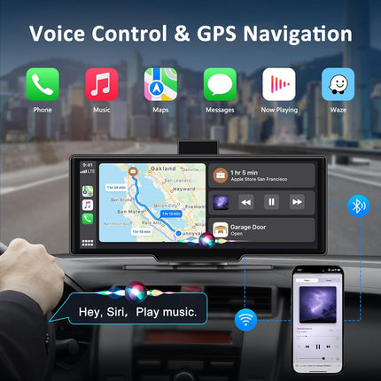 10.26” Smart Car Driving Recorder | Wireless CarPlay & Android Auto Screen with 4K Dash Cam, 1080P Backup Camera, GPS Navigation, Bluetooth & FM