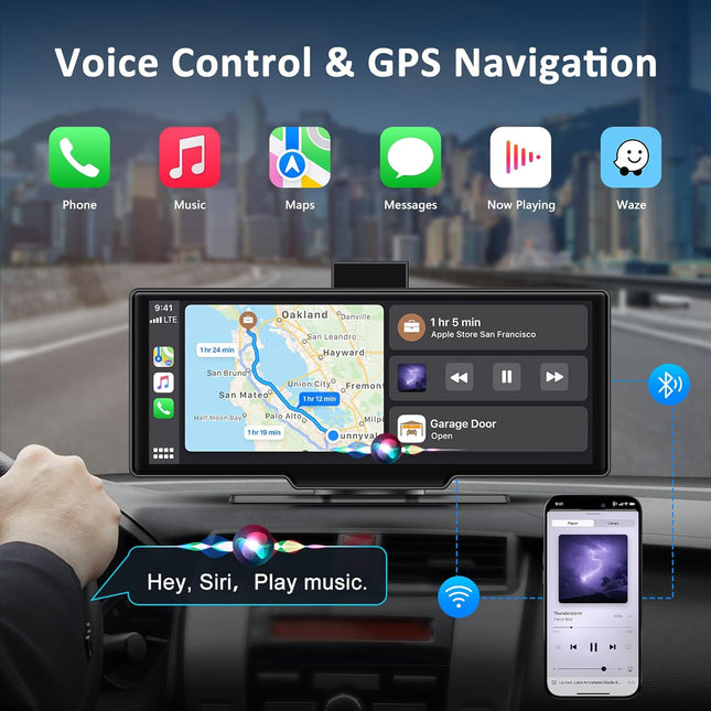 10.26” Smart Car Driving Recorder | Wireless CarPlay & Android Auto Screen with 4K Dash Cam, 1080P Backup Camera, GPS Navigation, Bluetooth & FM