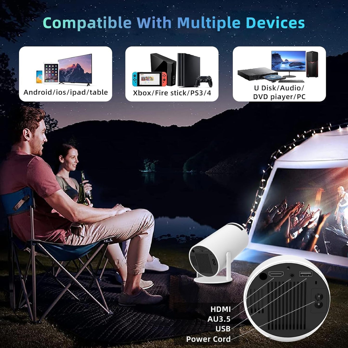 PEETTA Smart Mini Projector 4K 5G WIFI, Big Screen Experience with Premium 360 Sound, 5.0 Bluetooth Movie Projector Compatible With Android/iOS/Windows/TV Stick/HDMI/USB/Audio 3.5 White