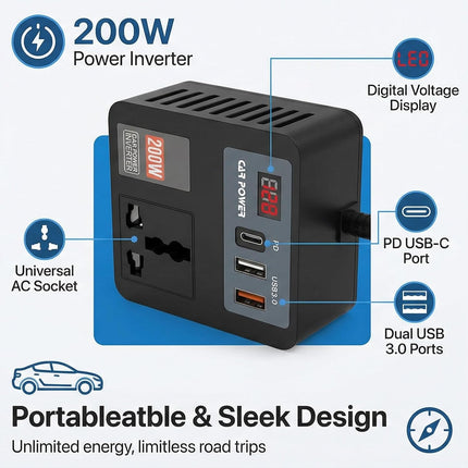 200W 5-in-1 Car Power Inverter & Laptop Charger | 12V/24V DC to 220V AC Converter with USB-C PD 30W, QC3.0, LED Display