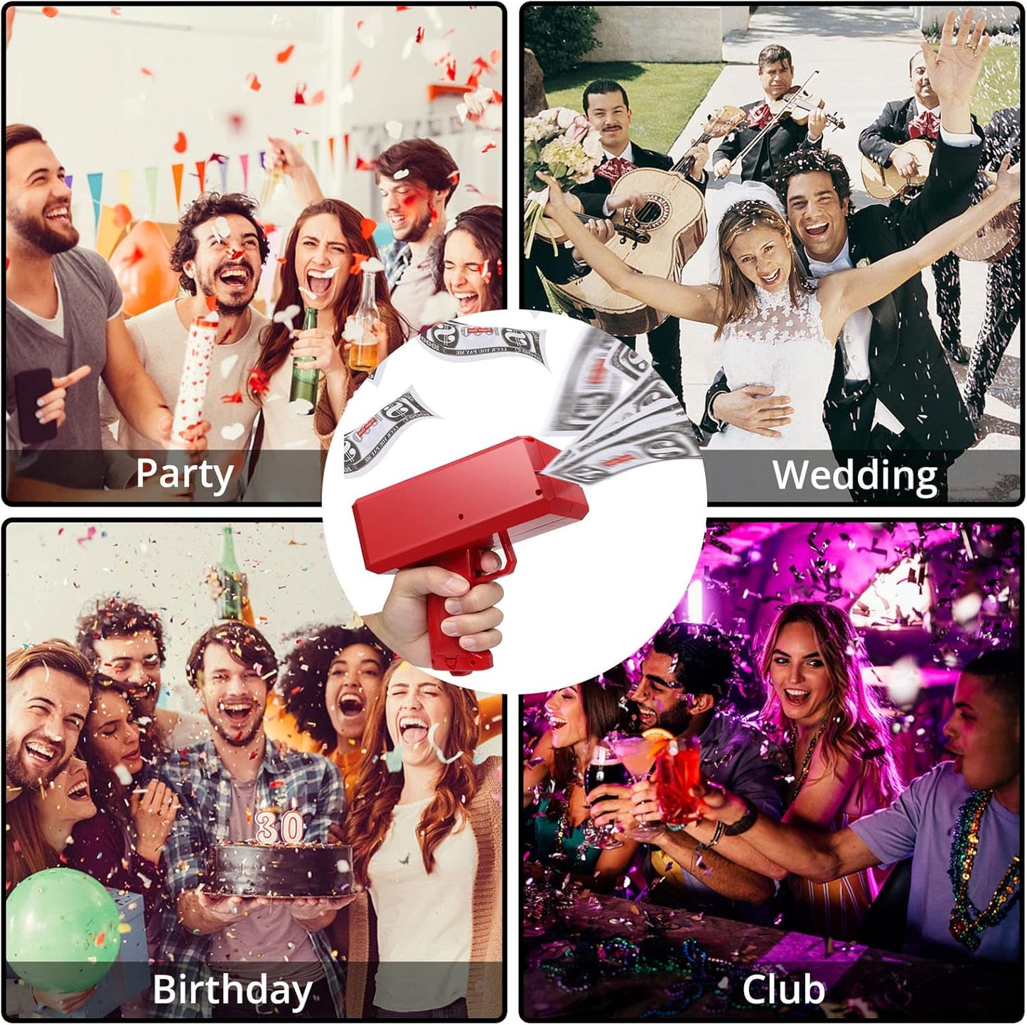 Supueme Money Gun — Battery-Powered Cash Cannon with 100 Prop Bills | Party, Wedding & Club Toy