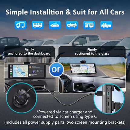 10.26” Smart Car Driving Recorder | Wireless CarPlay & Android Auto Screen with 4K Dash Cam, 1080P Backup Camera, GPS Navigation, Bluetooth & FM