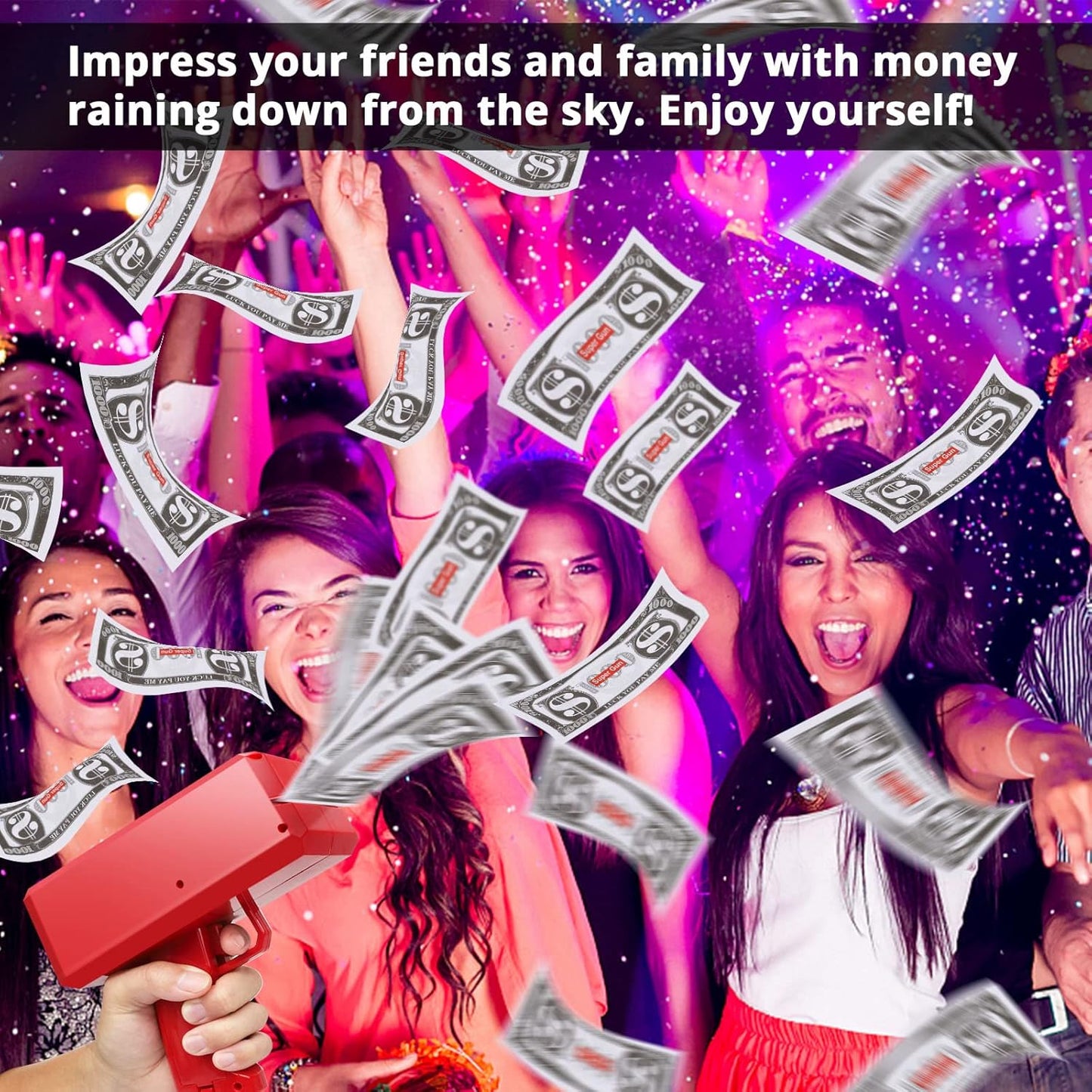 Supueme Money Gun — Battery-Powered Cash Cannon with 100 Prop Bills | Party, Wedding & Club Toy