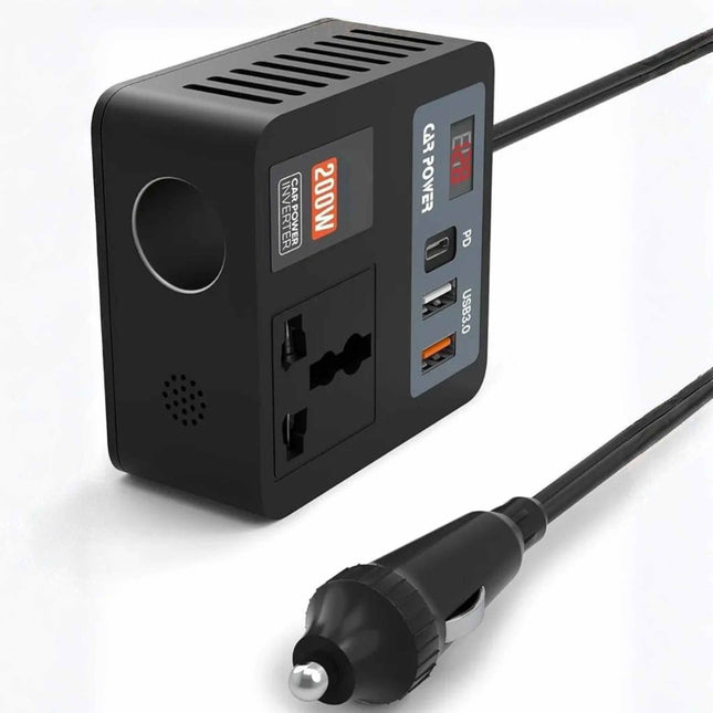 200W 5-in-1 Car Power Inverter & Laptop Charger | 12V/24V DC to 220V AC Converter with USB-C PD 30W, QC3.0, LED Display